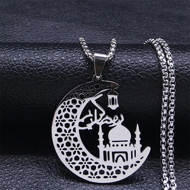 Islamic Mosque Muslim Necklace Stainless Steel Crescent Moon Quran Islam Necklaces Religious Jewelry chaine homme N2013S02