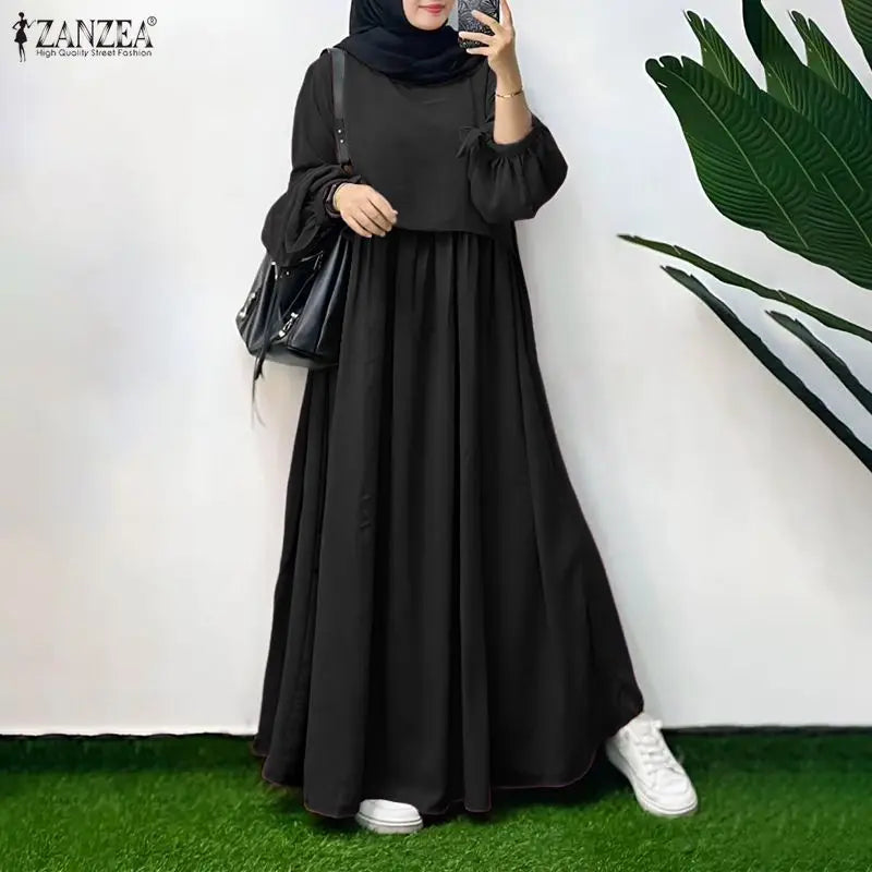 Muslim Hijabs Women Layered Detail Maxi Dresses O-Neck Long Sleeve Solid Color Loose Abaya Robes ZANZEA Islamic Ramadan Clothes
