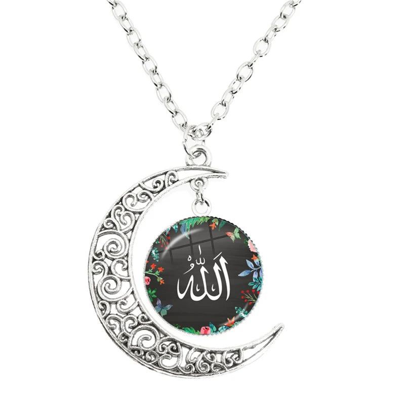 New Islamic Muslim Arab Moon Necklace Allah Logo Glass Pendant Diy Handmade Give Friends Gift Jewelry