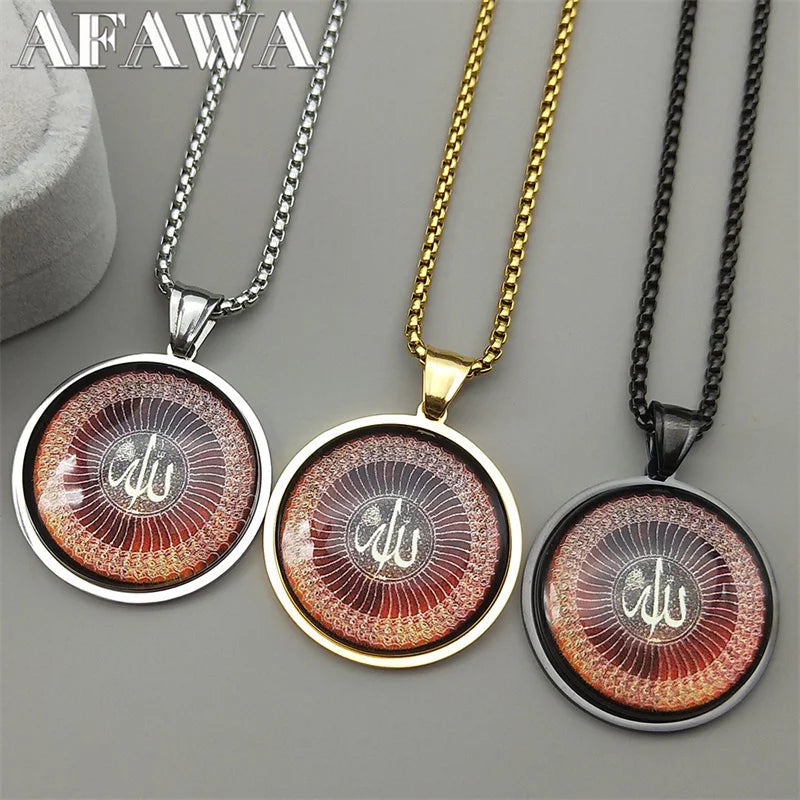 Islamic Arabic Allah God Glass Pendant Necklace for Men Women Stainless Steel Gold Color Geometric Muslim Chain Amulet Jewelry