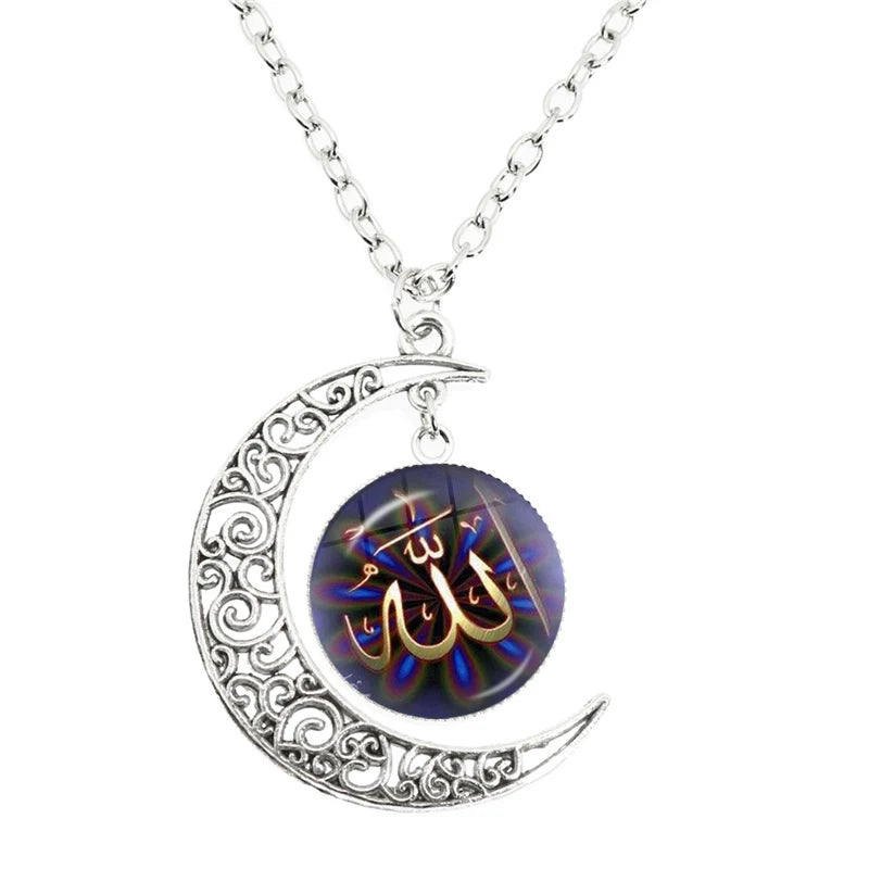 New Islamic Muslim Arab Moon Necklace Allah Logo Glass Pendant Diy Handmade Give Friends Gift Jewelry