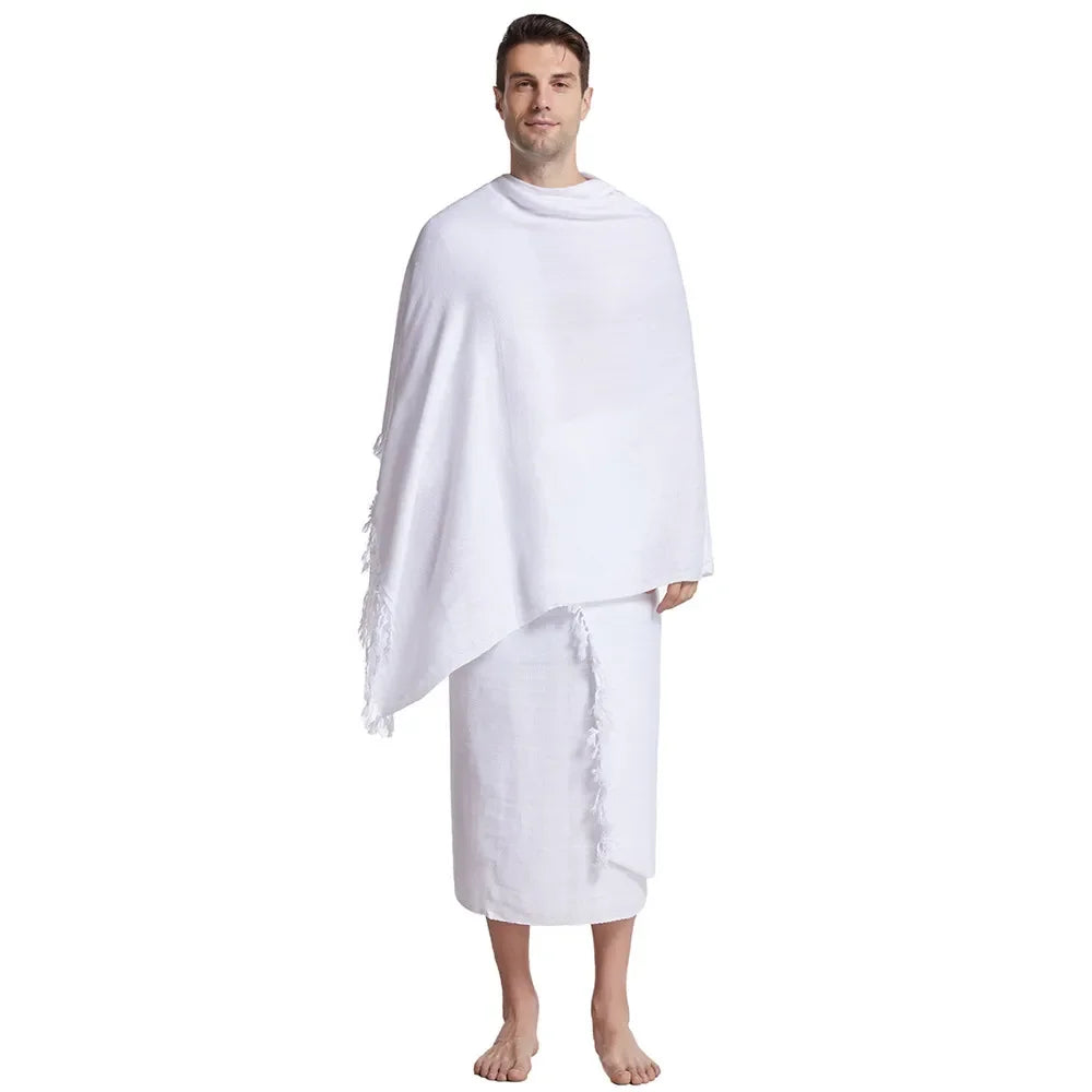 2 Pieces Ihram Pilgrimage Towel Muslim Arabic Hajj Clothing Mens Islamic Ramadan Prayer Worship Costumes Jubba Thobe Middle East